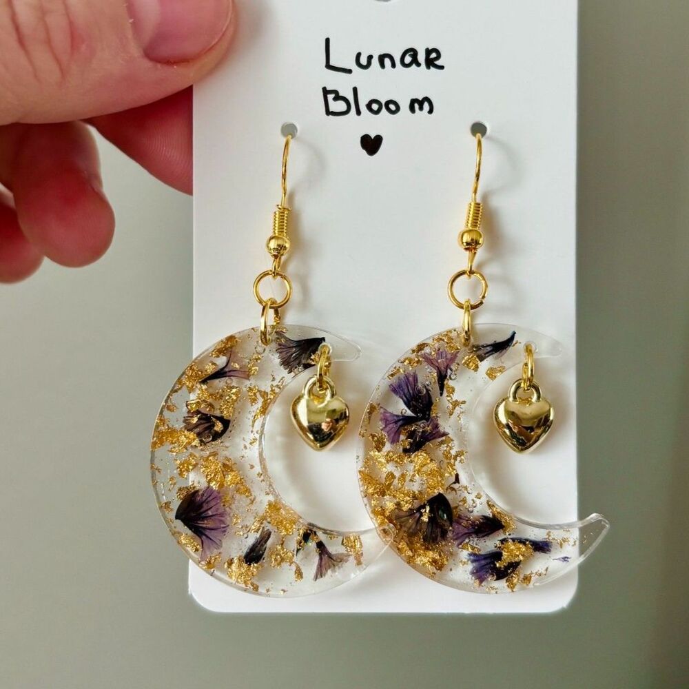 Crescent Moon Resin Earrings with Real Flowers, Gold Flakes and Heart Charms
